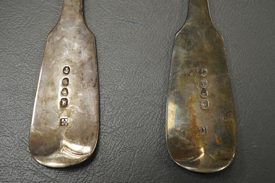 A pair of Victorian silver fiddle pattern basting spoons by Joseph & Albert Savory, London, 1846, with engraved initials, 30cm, 10oz.